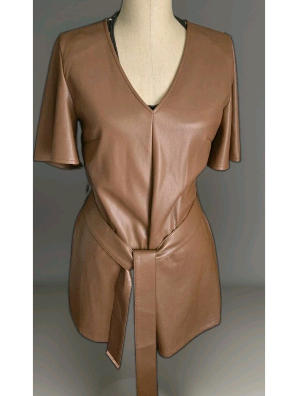 Marc New York Andrew Marc Brown Faux Leather Flare Sleeve  Sz S Belted 29"L